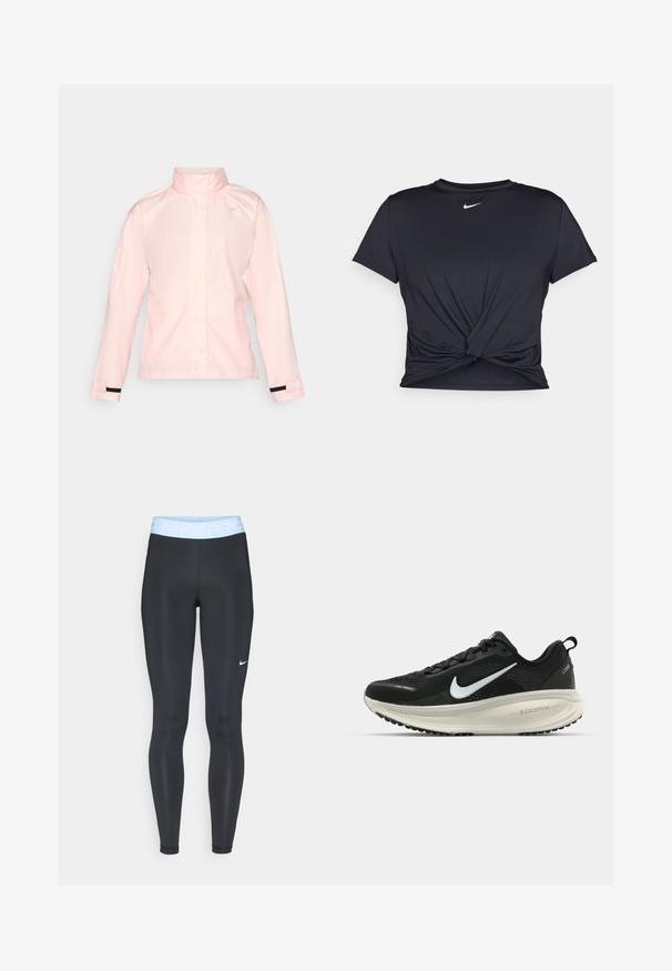 Světle růžová nepromokavá bunda s vysokým límcem, dlouhými rukávy a černými akcenty na zápěstí. Obsahuje malé bílé logo v oblasti hrudi.; Černé sportovní tričko vyrobené z hladkého materiálu, s uzlovým designem vpředu a malým bílým logem Nike na hrudi.; Černé sportovní legíny s bleděmodrým pasem, na kterém je text "NIKE PRO"; hladká textura a přiléhavý střih. Bílý logo Nike na levé straně.; Černá běžecká obuv Nike s prodyšným síťovaným svrškem, bílým logem swoosh, texturovanými detaily a krémovou mezipodešví ZoomX.