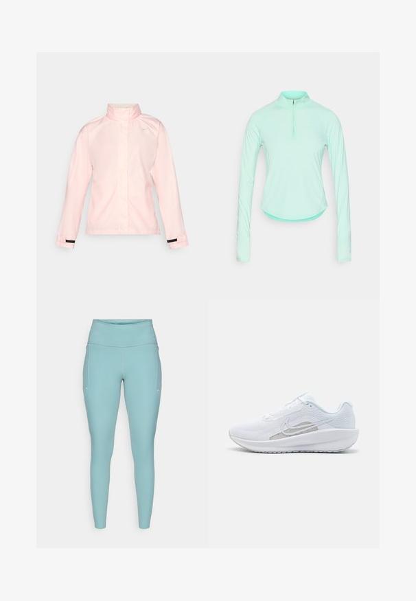 Svijetlo ružičasta vodootporna jakna s visokim ovratnikom, dugim rukavima i crnim detaljima na zapešćima. Ima mali bijeli logotip na području grudi.; Majica dugih rukava u mint zelenoj boji za sport, s ovratnikom na zatvarač, koja ima prilagođen dizajn i glatku, laganu tkaninu.; Svijetloplave tajice izrađene od rastezljivog materijala, s visokim pojasom, bezšavnim dizajnom i minimalnim bijelim detaljima sa strane.; Bijela atletska cipela s mrežastom gornjom površinom, zaobljenim nožnim prstom i teksturiranim potplatom. Sadrži srebrni Nike swoosh i minimalistički dizajn.