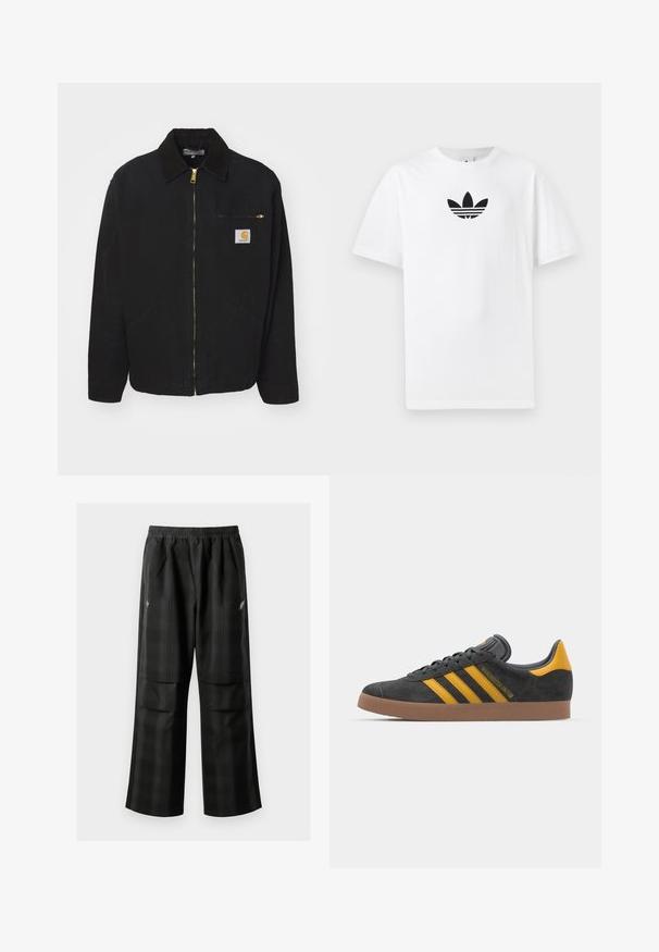 Black cotton jacket featuring a zippered front, corduroy collar, two side pockets, and a chest pocket with a logo patch.; White cotton T-shirt featuring a black Adidas logo at the center. Short sleeves and a crew neck design. Smooth texture.; Black plaid pants featuring an elastic waistband, two front pockets, and a loose fit with a straight leg design. Made from lightweight material.; Black suede sneaker with yellow accents, featuring three stripes and a brown rubber sole. Includes a padded tongue for comfort.