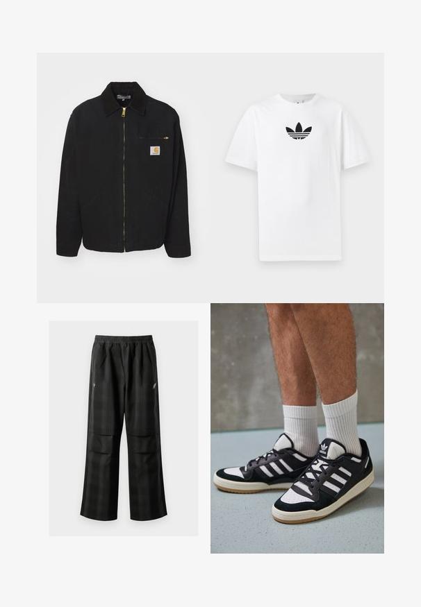 Chaqueta de algodón negra con cierre frontal, cuello de pana, dos bolsillos laterales y un bolsillo en el pecho con un parche de logo.; Camiseta de algodón blanca con un logo negro de Adidas en el centro. Diseño de manga corta y cuello redondo. Textura suave.; Pantalones de cuadros negros con cintura elástica, dos bolsillos frontales y un ajuste holgado con diseño de pierna recta. Fabricados en material ligero.; Zapatillas en blanco y negro con parte superior de ante y cuero, que presentan tres franjas blancas, una puntera perforada y una suela de goma.