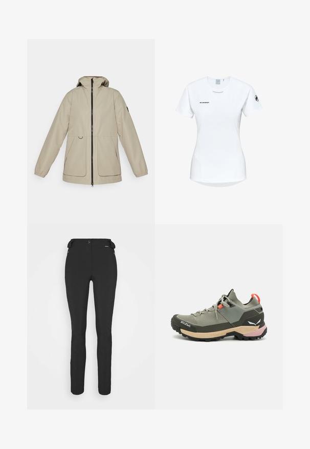 Beige wasserfeste Jacke mit Reißverschluss vorne, verstellbare Kapuze und elastischen Bündchen. Verfügt über zwei Seitentaschen und ein schlankes Design.; Kurzärmliges weißes Sportshirt mit Rundhalsausschnitt, das ein Logo auf der Brust und eine glatte, leichte Stofftextur aufweist.; Schwarze, enganliegende Hosen aus einem flexiblen Material. Zu den Merkmalen gehören eine seitliche Reißverschlusstasche, vorgeformte Knie und eine glatte Textur.; Leichter grüner Wanderschuh aus Mesh und Gummi, mit schwarzem Profilsohle, rosa und orangefarbenen Akzenten sowie verstärkter Zehenkappe.
