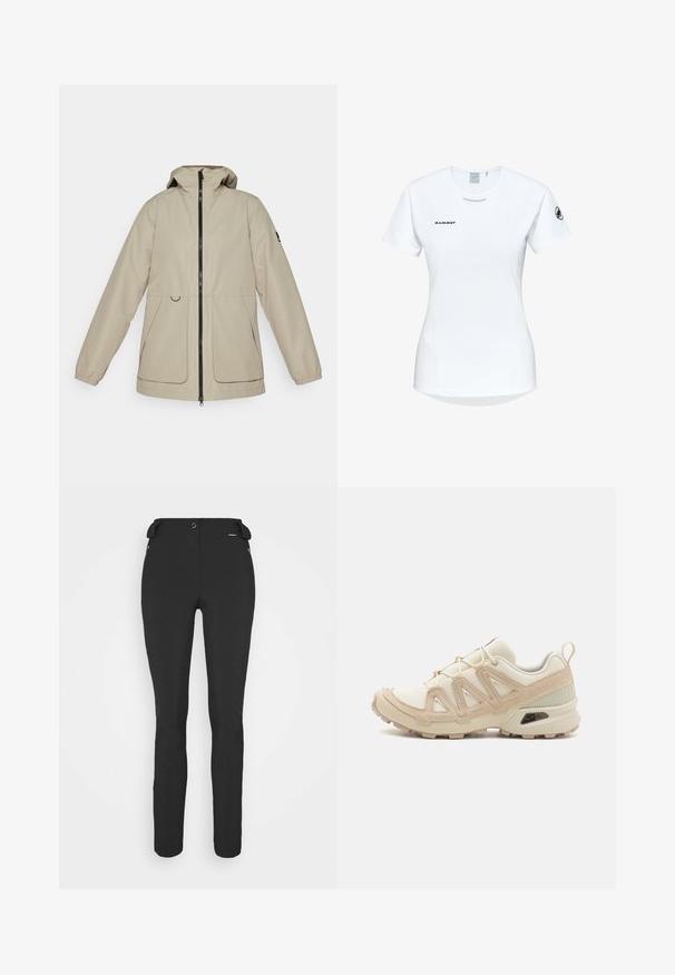 Veste imperméable beige avec fermeture éclair sur le devant, capuche réglable et poignets élastiques. Comprend deux poches latérales et un design épuré.; T-shirt de sport à manches courtes, blanc, avec un col rond, arborant un logo sur la poitrine et une texture de tissu lisse et léger.; Pantalons noirs ajustés en matériau flexible. Les caractéristiques comprennent une poche latérale zippée, des genoux articulés et une texture lisse.; Baskets de sport beiges et crème avec une tige en mesh texturé, des superpositions de soutien et une semelle en caoutchouc dotée d'un motif de crampons pour une traction.