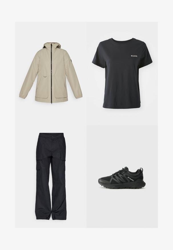 Veste imperméable beige avec fermeture éclair sur le devant, capuche réglable et poignets élastiques. Comprend deux poches latérales et un design épuré.; T-shirt en coton noir à manches courtes, encolure ronde et petit logo blanc Columbia Sportswear sur la zone du côté gauche de la poitrine.; Columbia BREA FALLS™ COTTON RIPSTOP PANT - Pantalons outdoor - black; Columbia PEAKFREAK - Chaussures de marche - black