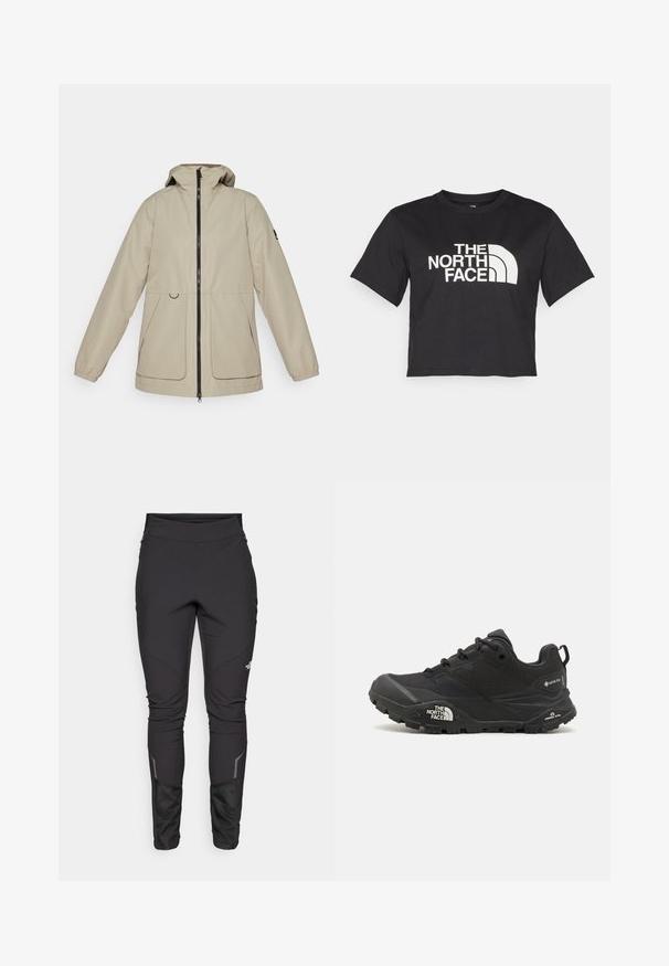 Béžová neprůstřelná bunda se zapínáním na zip, nastavitelnou kapucí a elastickými manžetami. Má dvě boční kapsy a štíhlý design.; Černé zkrácené tričko vyrobené z bavlny, s bílým logem s prohnutými akcenty a textem "THE NORTH FACE" na přední straně. Krátké rukávy, kulatý výstřih.; Černé outdoorové kalhoty s přiléhavým střihem, odolným materiálem, reflexními prvky a panelovými švy pro lepší pohyblivost a pohodlí.; Černá turistická bota s texturovaným svrškem, šněrováním a masivní gumovou podrážkou, která má výrazné logo po straně a vzory na podrážce.
