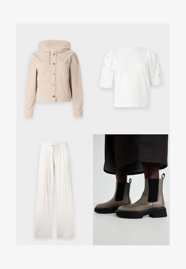 Veste en velours côtelé beige avec une capuche, dotée d'une fermeture à boutons sur le devant et de deux poches poitrine. Tissu texturé avec un motif en côtes.; T-shirt en coton blanc à manches courtes bouffantes, avec de petites embellissements en argent le long des manches. Encolure arrondie classique, coupe décontractée.; Pantalons de jogging beige clair en tissu doux, dotés d'une taille à cordon, de jambes larges et de coutures verticales, avec une texture lisse.; Bottes chelsea grises en cuir texturé avec des panneaux latéraux élastiques et une semelle épaisse noire. Équipées de languettes pour un enfilage facile.