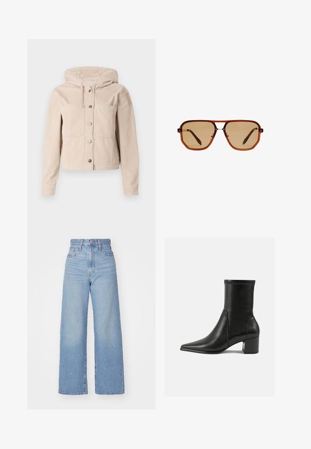 Beige Cord-Jacke mit Kapuze, mit einer vorderen Knopfleiste und zwei Brusttaschen. Strukturierter Stoff mit geripptem Muster.; Helles beiges Gewebe mit einem gefalteten Ärmel, das eine glatte Textur und ein weiches Erscheinungsbild zeigt und seine Schlichtheit und Eleganz hervorhebt.; Hellblaue High-Waist-Weite-Leg-Jeans mit Knopf- und Reißverschluss vorne, Vorder- und Rückentaschen, auf weißem Hintergrund.; Schwarze Knöchelstiefel aus glattem Leder, mit spitzem Zehenbereich, einem Blockabsatz und markanten, raised stitching am oberen Rand.; Braune achteckige Sonnenbrille mit einem transparenten, bernsteinfarbenen Rahmen und braun getönten Gläsern. Verfügt über eine Metallverzierung am Steg und schlanke Bügel.; Goldene Creolen mit rechteckiger Form, glatter Textur und abgerundeten Kanten. Verfügt über einen sicheren Verschluss für zusätzliche Stabilität.