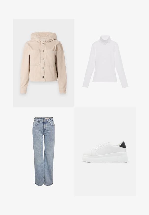 Beige corduroy jacket with a hood, featuring a front button closure and two chest pockets. Textured fabric with ribbed pattern.; White long-sleeve turtleneck top made of smooth, stretchy fabric. Features a high collar and fitted design, with no visible patterns or embellishments.; Light blue wide-leg jeans made from denim, featuring a high waist, five-pocket design, and subtle fading for a worn-in look.; White platform sneakers made of smooth synthetic material, featuring a rounded toe, lace-up design, and a textured rubber sole. Black heel accent.