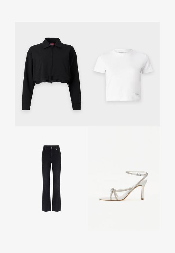 Svart kort jacka med dragkedja framtill, två sidfickor och krage. Tillverkad av ett slätt tyg med en figurnära silhuett.; Vit kortärmad t-shirt i mjuk bomull, med hög hals och korta ärmar. Litet broderat logotyp i det nedre hörnet.; Svarta jeans med klockad benvidd, hög midja, femficksdesign och metallknappar på sidorna. Snygg textur och klassisk passform.; Vit högklackad sandal med en texturerad rem prydd med rhinestones, öppen tå-design och ankelrem med justerbar spänne.