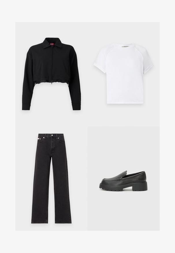 Črna skrajšana jakna z zadrgo spredaj, dvema stranskima žepoma in ovratnikom. Narejena iz gladkega materiala s prilegnjeno silhueto.; Bela bombažna majica s krojem okoli vratu, kratkimi raglan rokavi in sproščenim krojem. Gladka tekstura brez vidnih vzorcev ali detajlov.; Črne široke jeans hlače iz denima, s poudarjenim pasom, petimi žepi in kovinskim gumbom za zapiranje ter kontrastnim šivanjem.; Črne usnjene loafers čevlje z zaobljenim nosom, debelim teksturiranim podplatom in minimalnimi šivi. Elegantna zasnova brez vidnih vezalk ali kovinskih delov.