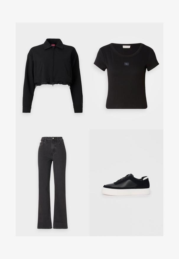 Must must pikkusega jakki, millel on lukuga esiosa, kaks küljetaskut ja krae. Valmistatud siledast kangast, millel on vormitud siluett.; Musthave, lühikeste varrukatega must t-särk, millel on ribakujuline tekstuur, väike logo paigutus rinnal ja ümar kaelus.; Mustad kõrge vöökohaga laienevad teksapüksid, mis on valmistatud denimist, varustatud nööbiga kinnitamise, vöörihmade ja küljetaskutega. Sile tekstuur minimaalse pleekimisega.; Mustad mustad spordijalanõud siledast nahast ja sametist paneelidega, lame nööriga, ümar varvas ja valge kummist tallaga. Erakordne logo kontsas.