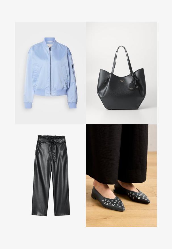Vaaleansininen pommitakki, satiinipinta, vetoketjukiinnitys, ribbiresorit hihansuissa ja helmassa, kaksi sivutaskua, yksi vetoketjullinen tasku hihassa.; Valkoinen pitkähiha blouse, jossa on klassinen kaulus, etuvetoketju ja ryppyinen sivudetalji. Pehmeä kangas ja muotoiltu leikkaus.; Mustat tekonahkaleggingsit, joissa on joustava, röyhelöillä varustettu vyötärö ja irrotettava solmiovyö. Sileä pinta ja minimaalinen kiilto.; Mustat nahkakengät, joissa on kärjellinen malli, vaihtelevia kokoja olevilla metallisilla niiteillä ja matala neliönmallinen korko. Sujuva pinta puulattialla.; Musta kassi, joka on valmistettu tekstuurisesta synteettisestä materiaalista ja jolla on leveä muotoilu. Kassi on varustettu kahdella kahvalla ja brändätyllä riipuksella.