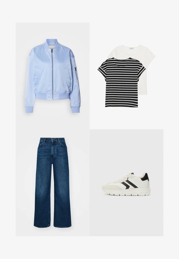 Casaco bomber azul claro, acabamento em cetim, fecho com zip, punhos e bainha canelados, dois bolsos laterais, um bolso na manga com zip.; Duas t-shirts: uma preta e branca com riscas e mangas curtas, e uma lisa branca, ambas com um decote redondo e um corte casual.; Jeans de cintura alta e pernas largas em denim azul escuro com uma textura suave, costuras em contraste e design de cinco bolsos. Fecho frontal com botão.; Ténis brancos com pormenores em preto, com uma mistura de couro e camurça, bico arredondado e sola de borracha texturizada.