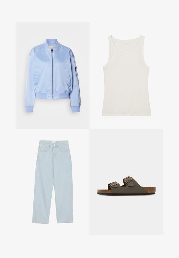 Lyseblå bomberjakke, satinfinish, glidelåslukking, ribbestrikkede mansjetter og hem, to sidelommer, en glidelåslomme på armen.; Hvit bomullstopp med vid halsutskjæring og tynne skulderstropper. Glatt tekstur uten synlige mønstre eller dekorasjoner.; Lys blå vide jeans laget av denim, med middels høyde på livet, fem lommer og en knappelukking med en slank metalldetalj.; Mørkegrønne slip-on sandaler med to justerbare stropper og kobberfarvet hardware, der har en kork-sål og tekstureret gummisål.