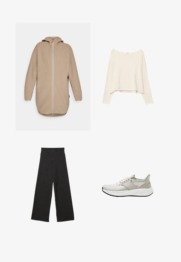Bež flis jakna s kapuco in sprednjim zadrgo, z strukturirano površino, dolgimi rokavi in stranskimi žepi. Odtisi v kontrastni barvi.; Svetlo bež skrajšana sweatshirt z širokim izrezom, dolgimi rokavi in mehkim, teksturiranim materialom. Ima sproščen, kvadraten kroj.; Črne široke hlače z visokim elastičnim pasom, izdelane iz mehke tkanine in ohlapnega kroja, primerne za sproščeno nošenje ali casual priložnosti.; Lahki atletski čevlji v bež mrežastem materialu z teksturiranim zaključkom, s belim podplatom in toniranim stranskim poudarkom. Preprost dizajn za vezanje.