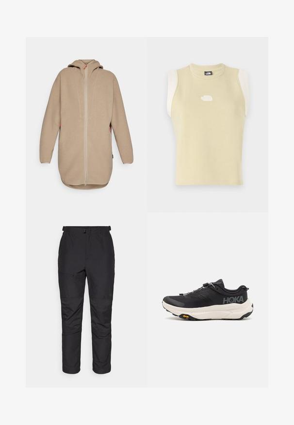 Beige fleece jacket with a hood and front zip, featuring a textured surface, long sleeves, and side pockets. Accents in contrasting color.; Sleeveless top in pastel yellow cotton with a rounded neckline. Features contrasting cream shoulder panels and a textured logo on the chest.; Black outdoor pants made of lightweight material, feature a smooth texture, elastic waist, zip pocket, and panel detailing on lower legs.; Black athletic shoes with a breathable mesh upper, rubber outsole, white cushioning midsole, and reflective laces. Vibram logo on outsole.