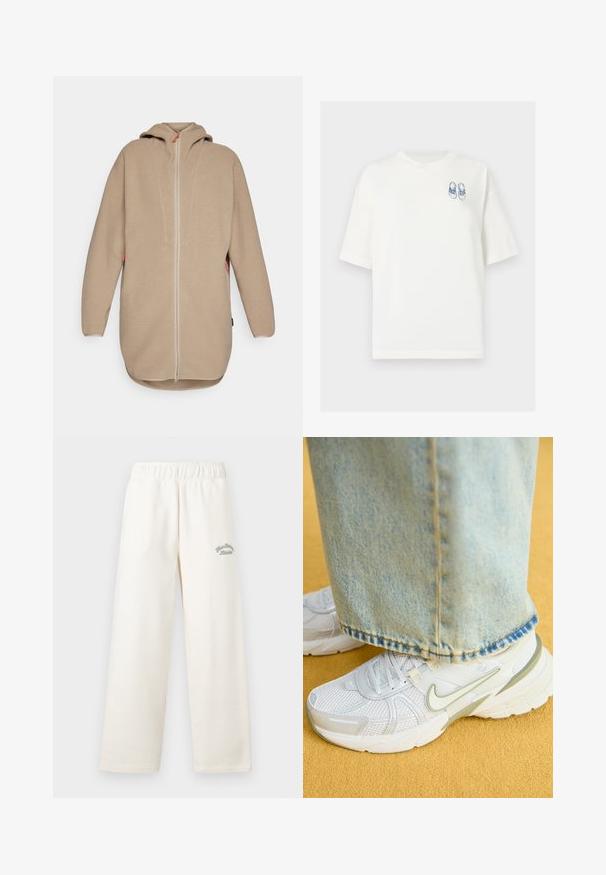 Bežs vilnas jaciņš ar kapuci un priekšējo rāvējslēdzēju, ar teksturētu virsmu, garām piedurknēm un sānu kabatām. Akcenti kontrastējošā krāsā.; Balta kokvilnas T-kreklā ar īsām piedurknēm, kurā kreisajā krūtīs ir zilas grafikas attēlojums ar apaviem, taisna apakšmalā.; Kremkrāsas plaši bikses, izgatavotas no mīksta materiāla ar elastīgu jostu. Priekšpusē ir smalks zaļš izšuvums.; Balti sporta apavi ar sieta augšdaļu, zaļiem akcentiem, teksturētu zoli, kopā ar gaiši ziliem džinsiem ar saplēstu malu.