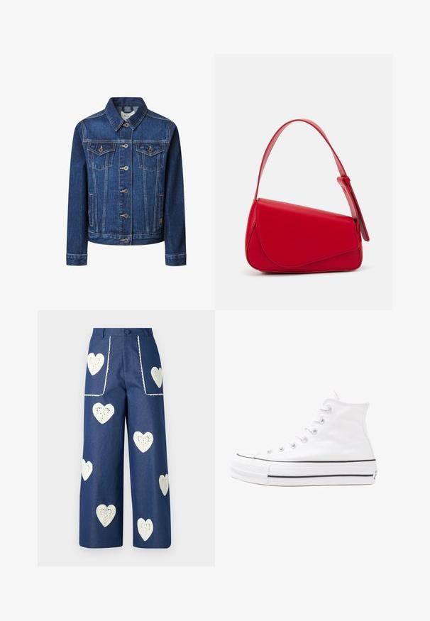 Donkerblauwe denimjas met een klassieke snit, knoopsluiting, twee borstzakken en contrasterende gele stiksels.; Bloes met bloemenprint en lange pofmouwen, lichte crème basis, met paarse, oranje en groene bloemmotieven, en een klassiek kraagontwerp.; Sister Jane HEART TO HEART - Straight leg jeans - blue denim; Witte high-top canvas sneakers met een zwarte rubberen zool, een rubberen neuskap aan de voorkant en zes gaatjes voor veters, met een schone, minimalistische uitstraling.; Rode leren handtas met een hoekig, geometrisch ontwerp. Beschikt over een enkele verstelbare schouderriem en een klepclosure met gestikte details.