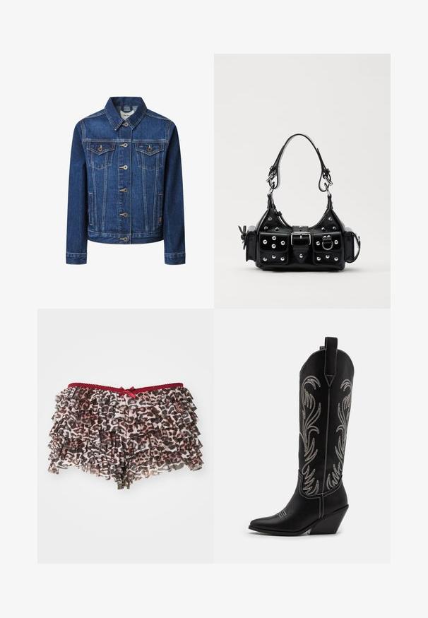 Jeansowa kurtka w ciemnoniebieskim kolorze o klasycznym kroju, z zapięciem na guziki, dwiema kieszeniami na piersiach i kontrastującymi żółtymi przeszyciami.; Biały prążkowany top na ramiączkach z czarnym haftowanym logo umieszczonym na środku klatki piersiowej. Dekolt i otwory na ramiona wykończone subtelnym obszywaniem.; Kwiatowe szorty w lamparcie cętki z warstwowymi falbanami, posiadające czerwony koronkowy pasek w talii i małą kokardkę z przodu.; Czarne skórzane kowbojskie buty z wydłużonymi noskami, obcasem typu koturn oraz srebrnymi haftowanymi wzorami kwiatowymi wzdłuż cholewy. Kontrastowe szwy na całej długości.; Czarna skórzana torebka w zakrzywionym kształcie, z srebrnymi ćwiekami, klamrą i dwoma bocznymi kieszeniami. Regulowany pasek umożliwiający różne opcje noszenia.