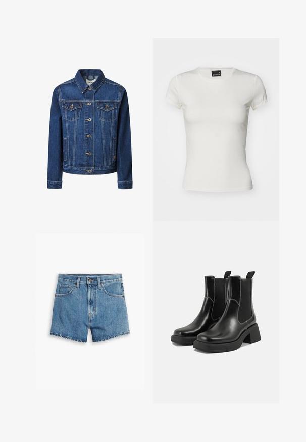 Tamsiai mėlynas džinsinis švarkas klasikinio kirpimo, su užsegimu mygtukais, dviem krūtinės kišenėmis ir kontrastinėmis geltonomis siūlėmis.; Balta trumpa rankovėmis marškinėliai, pagaminti iš medvilnės. Turi klasikinį apvalų iškirpimą ir prisitaikantį siluetą su lygiu paviršiumi. Matoma prekės etiketė.; Šviesiai mėlyni džinsiniai šortai, turintys penkis kišenes, užtrauktuko užsegimą ir mygtuko uždarymą. Apačia yra nusidėvėjusi, o dizainas yra laisvo pjūvio.; Juodos odinės Chelsea botai su storiu kulnu, elastinėmis šoninėmis panelėmis ir kontrastinga balta siūle. Tekstūruota apdaila.