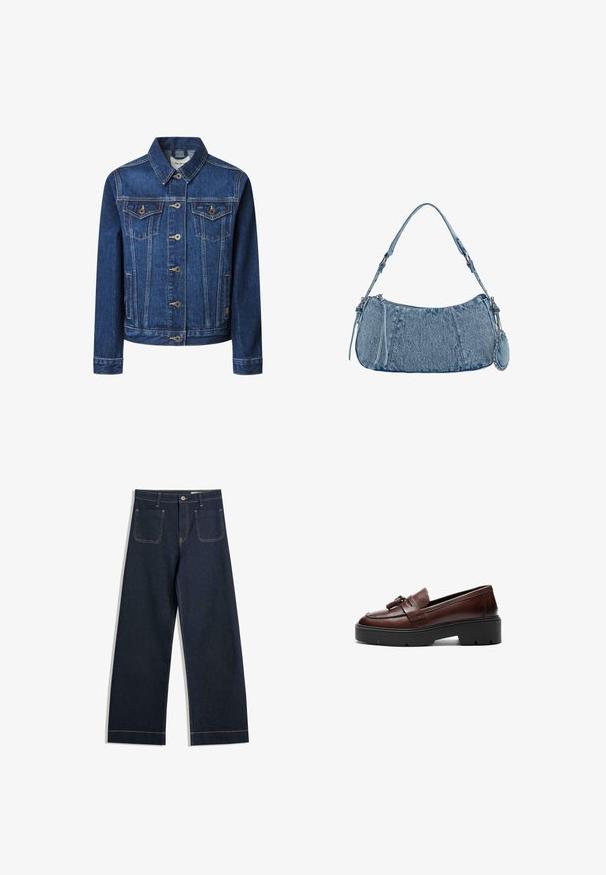 Denim jakna v temno modri barvi s klasičnim krojem, zapiranjem na gumbe, dvema žepoma na prsih in kontrastnim rumenim šivom.; Bela kratka majica s kratkimi rokavi iz bombaža. Ima okroglo izrezovanje in sproščen kroj. Gladka tekstura brez vidnih vzorcev ali poudarkov.; Temno modre široke jeans hlače iz denima s kontrastnim svetlo rjavim šivi, dvema zadnjima žepoma in gumbom za zapirjanje v pasu.; Rjavi usnjeni loafer s sijočim dizajnom, kontrastno črno platformo in dekorativnim dodatkom v obliki tupe na sprednjem delu. Gladka tekstura.; Denim torbica s zakrivljenim oblikom, svetlo modre barve, nastavljivim naramnicam in majhno odstranitveno torbico z metalnimi detajli.