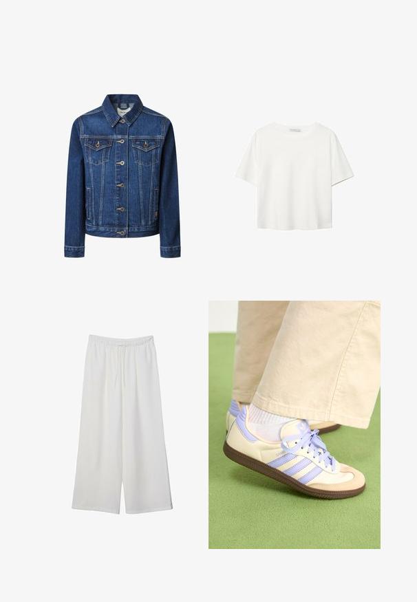 Denimjakke i mørkeblå med klassisk snit, knaplukning, to brystlommer og kontrasterende gul syning.; Hvid kortærmet t-shirt lavet af bomuld. Har en rund halsudskæring og en afslappet pasform. Glat tekstur uden synlige mønstre eller detaljer.; Hvide vidde bukser lavet af letvægtsstof, med en elastisk talje og snøre for justerbar pasform. Glat tekstur.; Creme og lavendel sneakers med tre striber og en tekstureret brun sål, der har snørebånd og en polstret hæl. Blødt stof øvre.