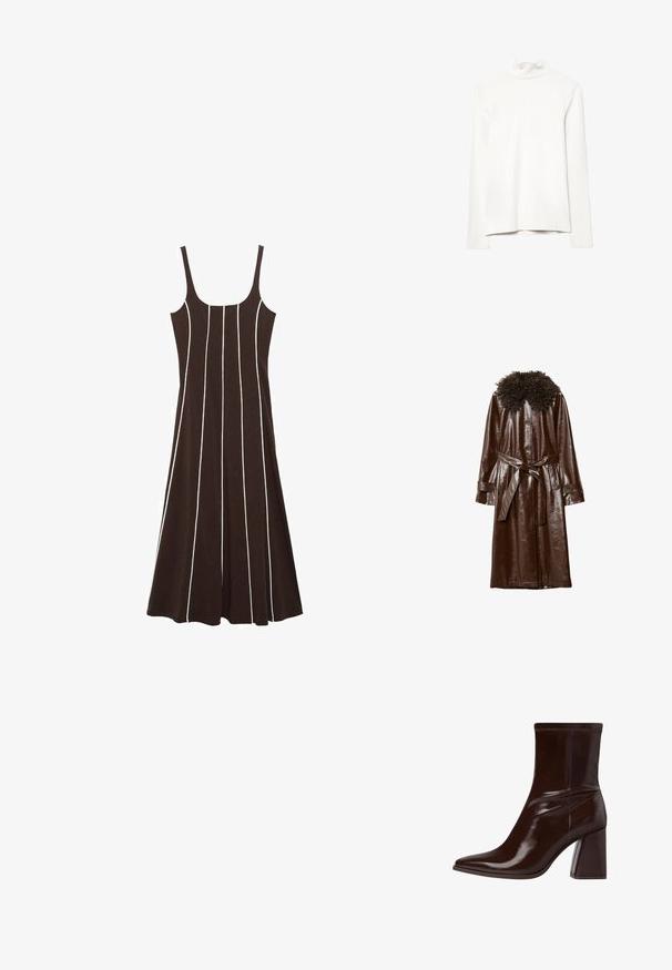 Brązowy skórzany płaszcz o błyszczącej powierzchni, z falistym teksturowanym kołnierzem, długimi rękawami i pasującym paskiem w talii.; Biała bluza z długim rękawem i stójką, z lekko pogniecioną kołnierzykiem, wyłożona na białym tle.; Brązowa sukienka bez rękawów w białe pionowe paski, wykonana z miękkiego materiału, z dopasowanym górą i rozkloszowanym dołem. Brak widocznych elementów metalowych lub akcentów.; Brązowy lakierowany botek sięgający kostki z wydłużonym noskiem, elastycznym ankletem oraz grubym, blokowym obcasem. Elegancki design z gładką fakturą.