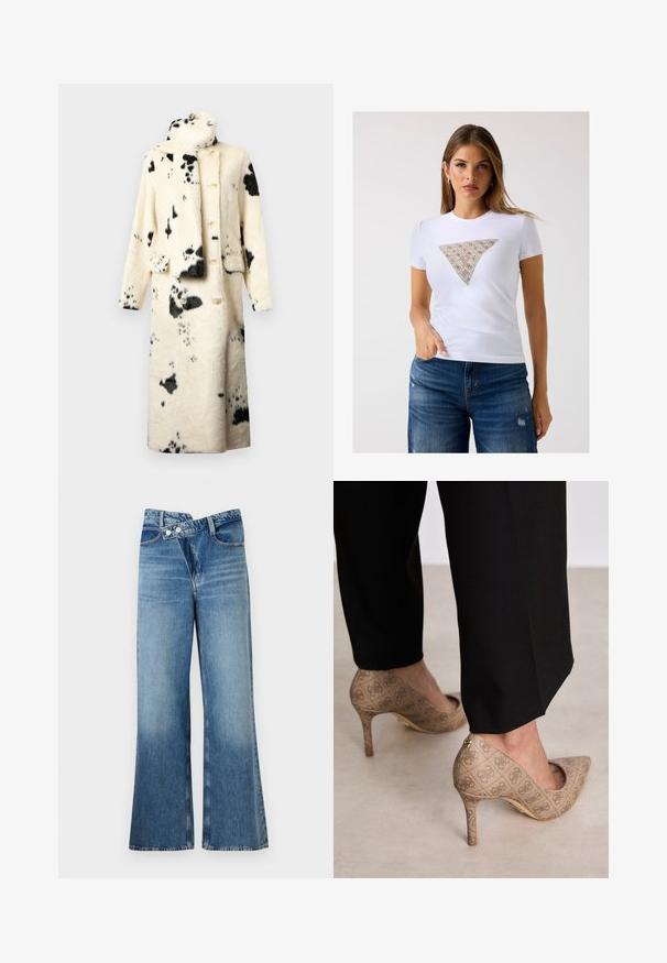 Paita takki pehmeästä tekokarvasta, kerma valkoisena mustilla pisaroilla, jonka korkea kaulus ja vastaava huivi. Kaksi etutaskua ja rento istuvuus.; Valkoinen muodikas t-paita, jossa on beigenvärinen kolmion muotoinen yksityiskohta, jossa on monimutkaisia yksityiskohtia. Pehmeä kangas ja lyhyet hihat.; Vaaleansiniset farkut, joissa on leveät lahkeet ja korkea vyötärö. Farkuissa on kaksi nappia ja etutaskut. Kankaan pinta on kulunut ja siinä on hienovaraisia sävy-eroja.; Beige korkokenkiä, joissa on teksturoitu kangas, jossa on toistuva kuvio. Teräväkärkinen muotoilu, takana korostus ja kultaiset korkodetaalit.