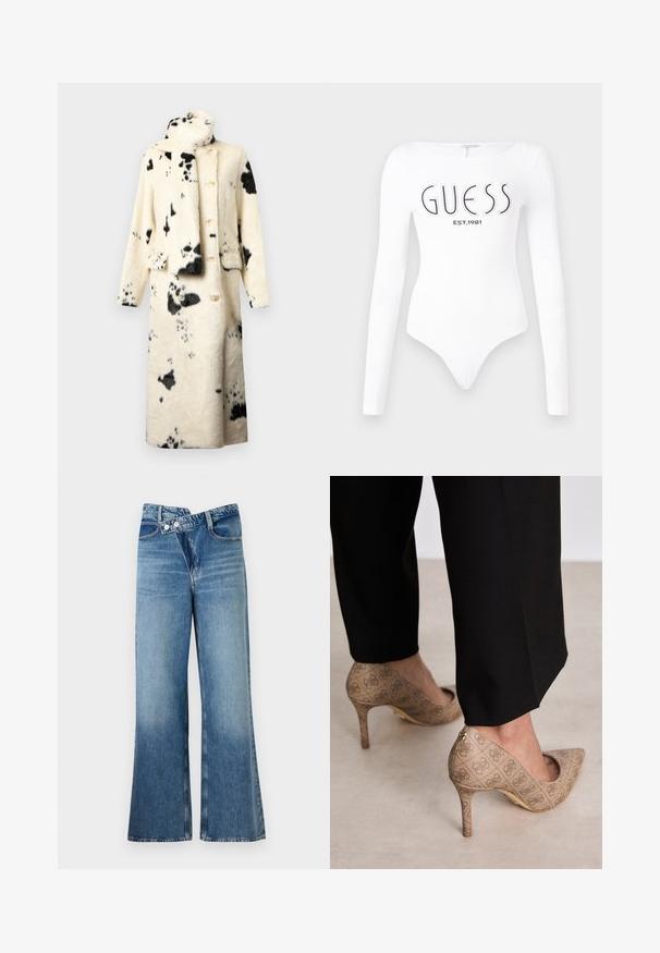 Gombos kabát puha műszőrme anyagból, krémszínű fekete foltokkal, magasan záródó gallérral és hozzáillő sállal. Két elülső zseb és laza fazon.; Hosszú ujjas, fehér body, kerek nyakkivágással. Elöl a "GUESS" logó és az "EST.1981" felirat fekete színben látható. Sima textúrával rendelkezik.; Világoskék, harang szabású farmernadrág magas derékkal, két gombbal és elülső zsebekkel. Az anyag megjelenése kopott, apró eltérésekkel.; Beige magassarkú cipők texturált anyagból, ismétlődő mintával. Hegyes orrú kialakítás, hátsó díszítéssel és arany sarkú részlettel.