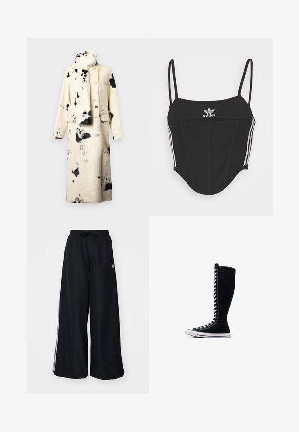 Abrigo abotonado de suave pelo sintético, en color crema con manchas negras, con un alto cuello y una bufanda a juego. Dos bolsillos delanteros y corte relajado.; Top corto negro con canalé y tirantes finos ajustables, que presenta tres rayas blancas a los lados y un pequeño logo de Adidas blanco en el centro.; Pantalones anchos negros hechos de tejido ligero. Cuenta con una cintura elástica con cordón y rayas laterales blancas. Logo de la marca en la cadera.; Zapatillas altas negras de lona con un diseño alto. Cuentan con cordones y costuras blancas, y una suela de goma con una puntera.