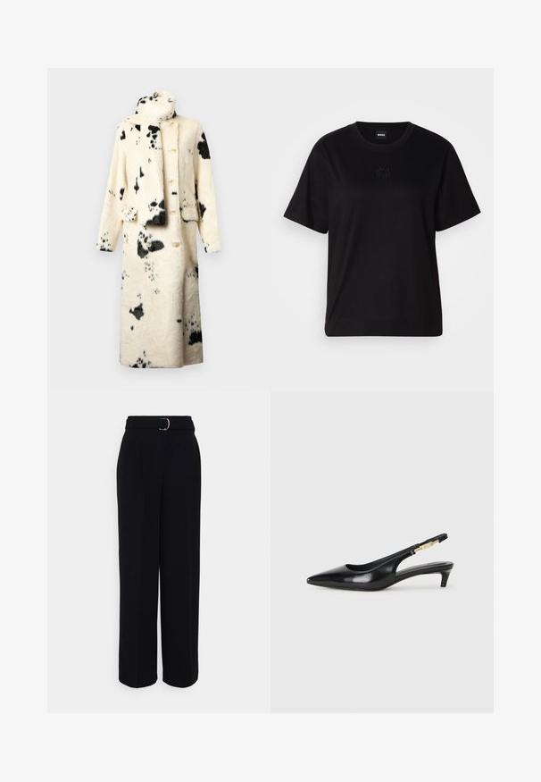 Abrigo abotonado de suave pelo sintético, en color crema con manchas negras, con un alto cuello y una bufanda a juego. Dos bolsillos delanteros y corte relajado.; Camiseta de algodón negra con cuello redondo, mangas cortas y un logo bordado en el pecho. Ajuste simple y relajado sin patrones.; Pantalones negros ajustados con una silueta de pierna ancha, que incluyen un cinturón con hebilla de plata, pliegues y una textura de tela suave.; Tacones negros de piel sintética tipo slingback con punta afilada, que cuentan con un tacón delgado y un detalle en tono dorado en la correa ajustable. Textura suave.