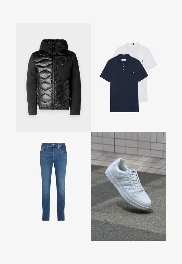 Blauer ALBERT - Piumino - black; Due polo shirt: uno blu navy e uno bianco, entrambi con un piccolo accento rosso, bianco e blu sulla tasca del petto e sul colletto.; Jeans in denim blu a taglio slim con cinque tasche, passanti per cintura e chiusura con bottone e zip.; Sneaker sportivo bianco con tomaia in pelle liscia, chiusura con lacci, punta perforata e suola decorata. Design minimalista con tre strisce laterali.