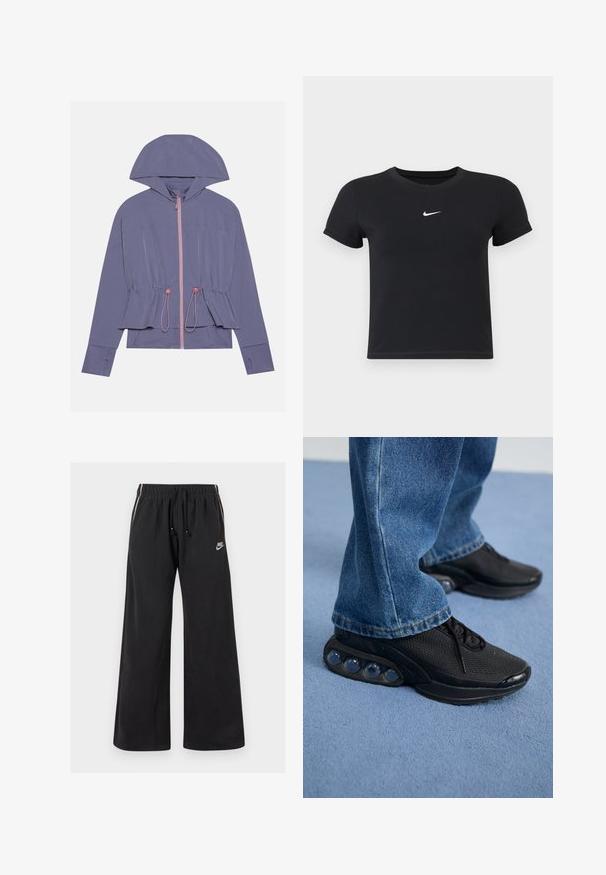 Jasnofioletowa kurtka z kapturem, z różowym zamkiem błyskawicznym i sznurkiem w talii. Gładka faktura i luźny krój, z subtelnymi detalami szwów.; Czarny krótki rękaw t-shirt wykonany z bawełny, z okrągłym dekoltem. Posiada białe logo Nike na piersi, minimalistyczny wzór oraz dopasowany krój.; Czarne dresy wykonane z miękkiego materiału, z elastycznym paskiem w talii z sznurkiem, bocznymi paskami i małym logo z przodu po lewej stronie.; Czarne sportowe sneakersy z siateczkową cholewką, teksturowanymi akcentami i widocznymi poduszkami powietrznymi w podeszwie. Noszone z niebieskimi dżinsami.