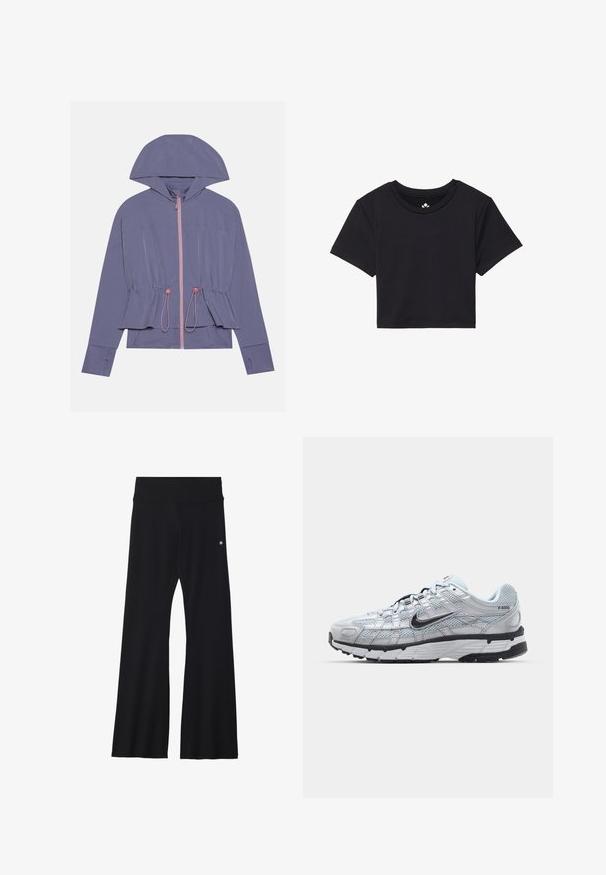 Vaaleanliila takki, jossa on huppu, pinkki vetoketju ja kiristettävä vyötärö. Sileä pinta ja rento istuvuus, jossa on hienovaraista sauman yksityiskohtaa.; Musta lyhythihainen croppitoppi, jossa on pyöreä kaula-aukko ja sileä kangas. Minimalistinen muotoilu, ilman näkyviä kuvioita tai koristuksia.; Musta leveälahkeinen joogahousut joustavasta kankaasta, jossa on leveä vyötärö ja pieni logo lanteen lähellä. Sujuva pinta, ei kuvioita.; Nike P-6000 tennarit, joissa on vaaleanharmaa verkkomateriaali, mustia yksityiskohtia ja kestävä musta kumipohja. Ominaisuuksia ovat monimutkainen muotoilu ja nauhoitusjärjestelmä.