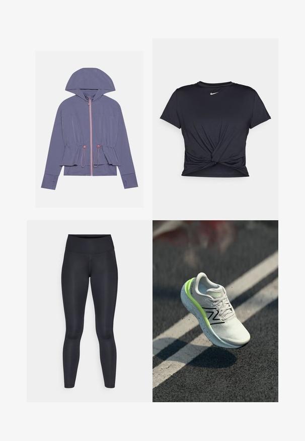 Világos lila kapucnis dzseki, rózsaszín cipzárral és állítható derékrésszel. Sima felület és laza fazon, finom varrási részletekkel.; Fekete sportpóló sima anyagból, elöl megkötős dizájnnal, a mellkason egy kis fehér Nike logóval.; Fekete leggings sima, rugalmas anyagból. Magas derék, látható minták vagy díszítések nélkül. Szorosan illeszkedik a derektól a bokáig.; Fehér és neon zöld New Balance futócipő a levegőben aszfalt felett, fehér sávjelekkel.