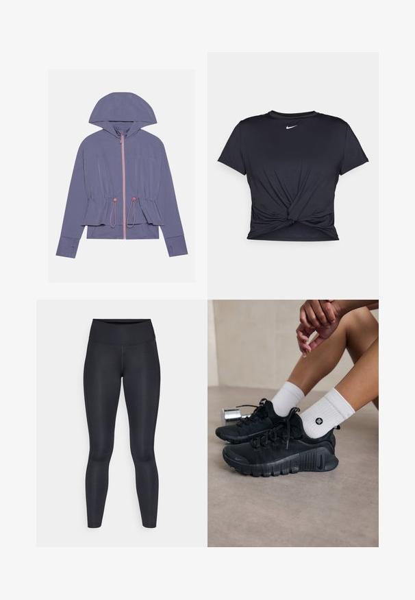 Gaiši violets jaka ar kapuci, ar rozā rāvējslēdzēju un pielāgojamu jostas daļu. Gluda tekstūra un brīva piegriezuma forma, ar diskrētām šuvju detaļām.; Melna sporta t-kreklu ar gludu audumu, ar mezglošanas priekšpusi un mazu baltu Nike logotipu uz krūšu daļas.; Melnas legingi, izgatavoti no gludas, elastīgas auduma. Augsts jostasvieta bez redzamām rakstiem vai akcentiem. Cieši pieguļ no jostas līdz potītēm.; Melnas sporta kurpes ar teksturētu audumu, saistītu dizainu un izteiktu zoli, savienotas ar baltām ribotām zeķēm ar mazu logo.