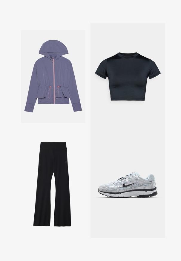 Casaco lilás claro com capuz, apresentando um fecho de correr rosa e cordão na cintura. Textura suave e corte solto, com detalhes de costura discretos.; Top cropped de manga curta em azul-marinho escuro, feito de tecido liso e elástico. Apresenta decote redondo e detalhes mínimos de costura. Sem logótipos visíveis.; Calças pretas com folga, feitas de material elástico, com uma cintura larga e um pequeno logótipo na anca. Textura lisa e design de comprimento total.; Ténis Nike P-6000 com um cabedal em malha cinza claro, detalhes em preto e uma sola de borracha preta durável. Apresenta um design intrincado e um sistema de atacadores.
