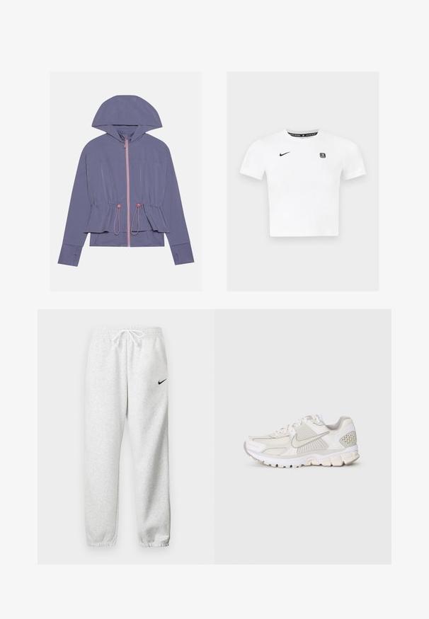 Light purple jacket with a hood, featuring a pink zipper and drawstring waist. Smooth texture and relaxed fit, with subtle seam detailing.; White short-sleeve t-shirt featuring a round neckline, black Nike logo on the left chest, and a graphic label inside the collar.; Gray sweatpants made of a soft fabric, featuring an elastic waistband with drawstring and a small black Nike logo on the left thigh.; White athletic shoe with mesh and synthetic materials. Features a textured design, padded collar, and geometric accents on the heel.