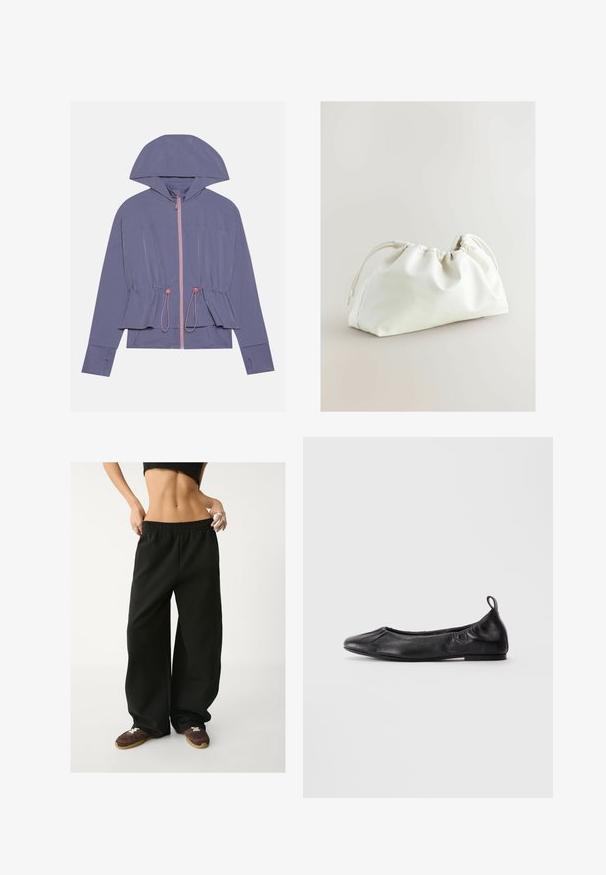 Svetlo vijoličasta jakna s kapuco, ki ima roza zadrgo in nastavljiv pas. Gladka tekstura in sproščen kroj, z diskretnimi Šivi.; Even&Odd Petite 2 PACK - Top - light grey/black; Črne, široke trenirke z elastičnim pasom. Narejene iz mehkega blaga in imajo sproščen kroj. Ujemajo se z rjavimi supergami.; Črne usnjene balerinke s zaobljenim nosom, z zloženim elastičnim stranicami in tabom za vlečenje na peti, prikazane na svetli podlagi.; Bela usnjena torba iz umetnega usnja z nabranim dizajnom, zategovalnim zapiranjem in gladko teksturo. Ukrivljena oblika z mehkimi gubami in minimalno kovinsko opremo.