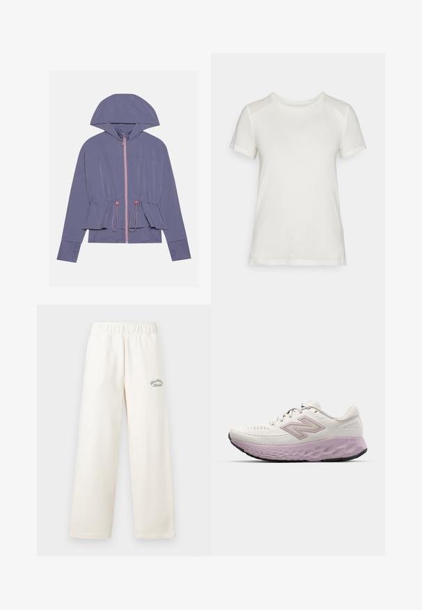 Light purple jacket with a hood, featuring a pink zipper and drawstring waist. Smooth texture and relaxed fit, with subtle seam detailing.; White short-sleeve t-shirt made of soft fabric, featuring a round neckline and a relaxed fit with smooth, seamless shoulder accents.; Cream-colored wide-leg pants made from soft material with an elastic waistband. Features subtle green embroidered text on the front.; Lightweight running shoe in white mesh with a pink midsole. Features a textured sole and side logo, designed for comfort and support.