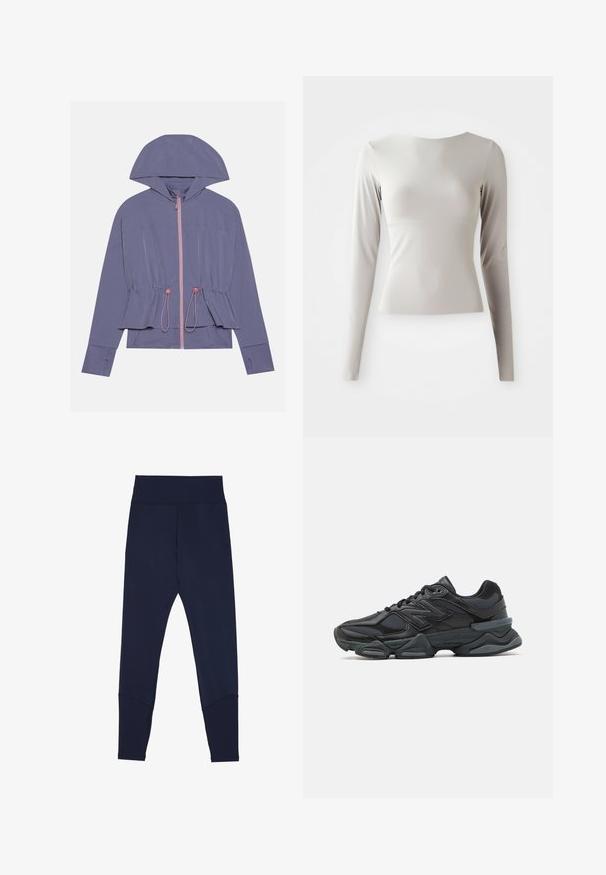 Svetlo vijoličasta jakna s kapuco, ki ima roza zadrgo in nastavljiv pas. Gladka tekstura in sproščen kroj, z diskretnimi Šivi.; Svetlo siva majica s dugim rukavima, izdelana iz gladkega, prefinjenega materiala, z okroglim izrezom in prilegajočo silhueto. Rob je na dnu rahlo razširjen.; Temno modre legice iz raztegljive tkanine, s širokim elastičnim pasom, kontrastnim šivom in ozkim fitom pri gležnjih.; Črne tekaške superge, ki združujejo mrežaste in sintetične materiale, imajo debel podplat, ukrivljen oblikovni slog ter izrazito blagovno znamko na strani.