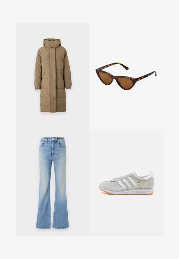 Kakijos pūkinė striukė su gobtuvu, priekyje užtrauktuku ir spaustuku, su dviem šoninėmis kišenėmis ir elastingais rankogaliais. Lygus paviršius su siūtu raštu.; ONLY ONLMELITA O NECK - Džemperis - winter moss; Šviesiai mėlyni plačios kojų džinsai, pagaminti iš džinsinio audinio, su aukštu liemeniu, penkių kišenių dizainu ir subtiliu gradientiniu blukimu link apačios.; Šviesiai pilki sportbačiai, pagaminti iš zomšos ir tinklinės medžiagos, su trimis baltais dryžiais, apvaliu pirštu ir guma padu. Auksinė logotipo detalė šalia raištelių.; Katės akies saulės akiniai su juodu ir oranžiniu šarvuotu rėmeliu, ruda objektyvu ir elegantiškais, smailiais galiukais. Rėmelyje yra minimalus logotipas ant šventės.