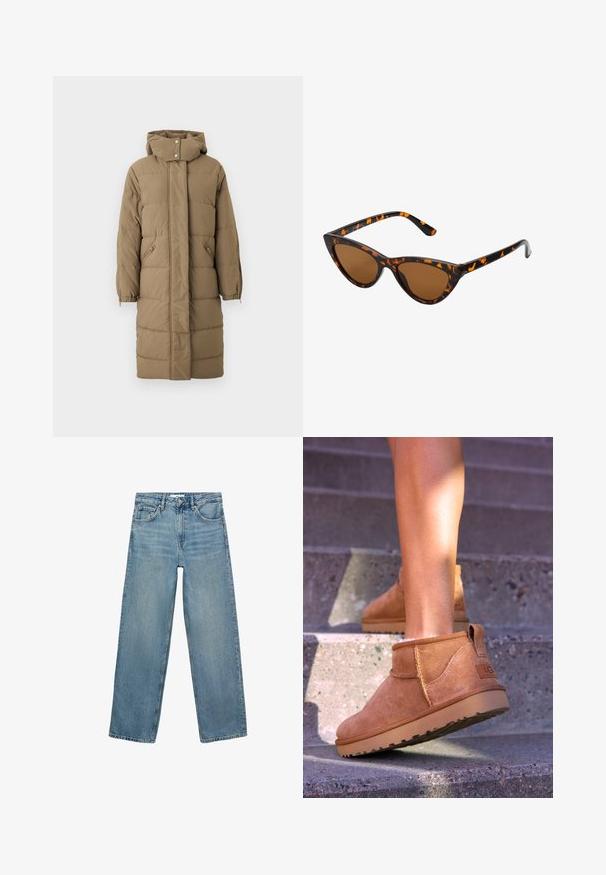 Khaki pufferjakke med hætte, frontlynlås og trykknaplukning, med to sidelommer og elastiske manchetter. Glat tekstur med quiltet mønster.; Beige rullekrave sweater lavet af blødt stof, med ribbet krave og kanter, afslappet pasform og lange ærmer. Glat tekstur, minimal design.; Lyseblå denim jeans med lige ben, høj talje, fem lommer og kontraststing. Ingen dekorationer eller mønstre er til stede.; Tan ruskind ankelstøvler med en blød tekstur, stikninger og en gummisål, der har en løkkehælkappe for nem på- og aftagning.; Kat-ejede solbriller med en sort og orange skildpaddemønstret stel, brune linser og slanke, spidse ender. Har et minimalistisk logo på skabelsen.