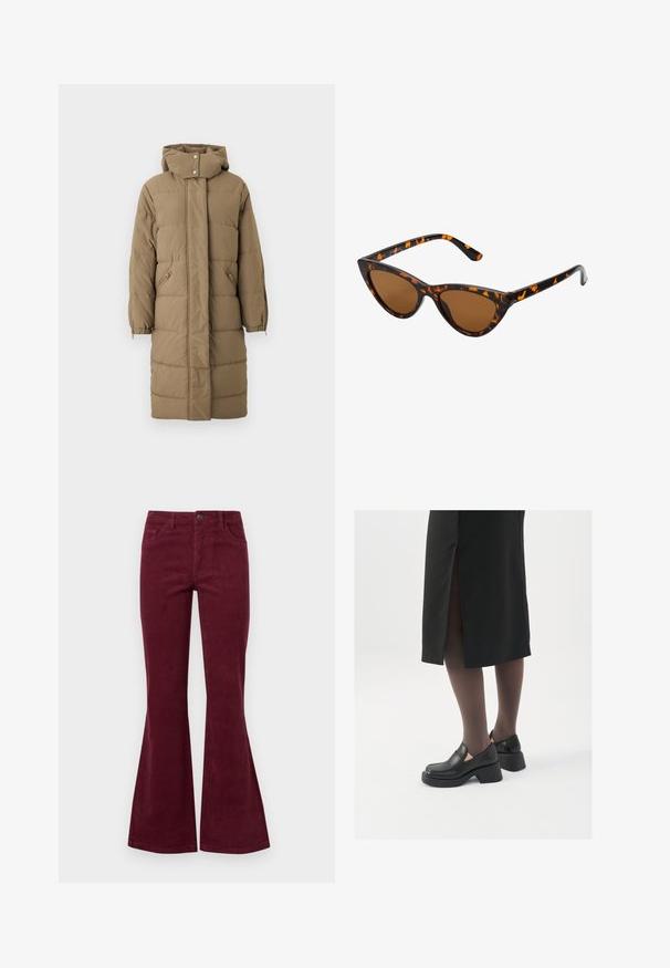 Manteau en duvet khaki avec capuche, fermeture éclair avant et fermeture à claque, doté de deux poches latérales et de poignets élastiques. Texture lisse avec un motif matelassé.; Pull gris, court, fabriqué en tissu texturé. Présente un col montant et deux poches avant avec une coupe décontractée. Manches longues.; Jean en velours côtelé bourgogne à jambes évasées, avec cinq poches, une fermeture à bouton sur le devant et un tissu texturé. Les évasements s'étendent du genou à l'ourlet.; Chaussures noires en cuir avec un bout arrondi, un épais talon bloc et des accents latéraux élastiques, associées à des bas foncés et une jupe noire avec une fente.; Lunettes de soleil style œil de chat avec une monture en écaille de tortue noire et orange, verres marron et pointes effilées et élégantes. Présente un logo minimaliste sur la branche.