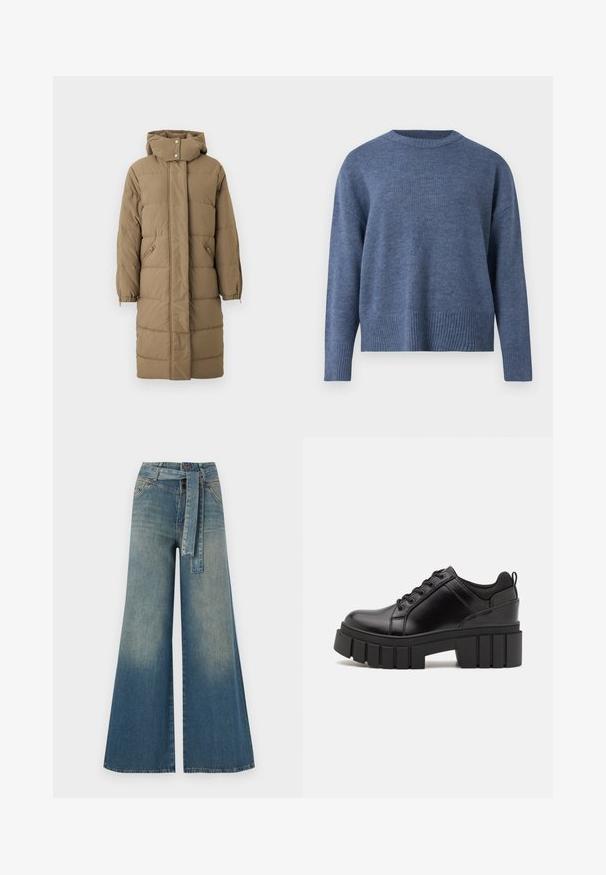 Khaki nafukovací bunda s kapucí, předním zipem a zapínáním na patentky, obsahuje dvě boční kapsy a elastické manžety. Hladký povrch s prošívaným vzorem.; Modrý pletený svetr s žebrovaným výstřihem a lemem. Má dlouhé rukávy a volný střih, vyrobený z měkkého materiálu.; Džínové kalhoty širokého střihu s přechodem od světlé k tmavě modré, vysokým pasem, poutky na opasek a odpovídajícím opaskem ze stejného materiálu. Texturovaná džínovina.; Černé kožené platformové boty s masivním blokovým podpatkem, kulatou špičkou a tradičním šněrováním. Mají hladký povrch a minimální detaily.