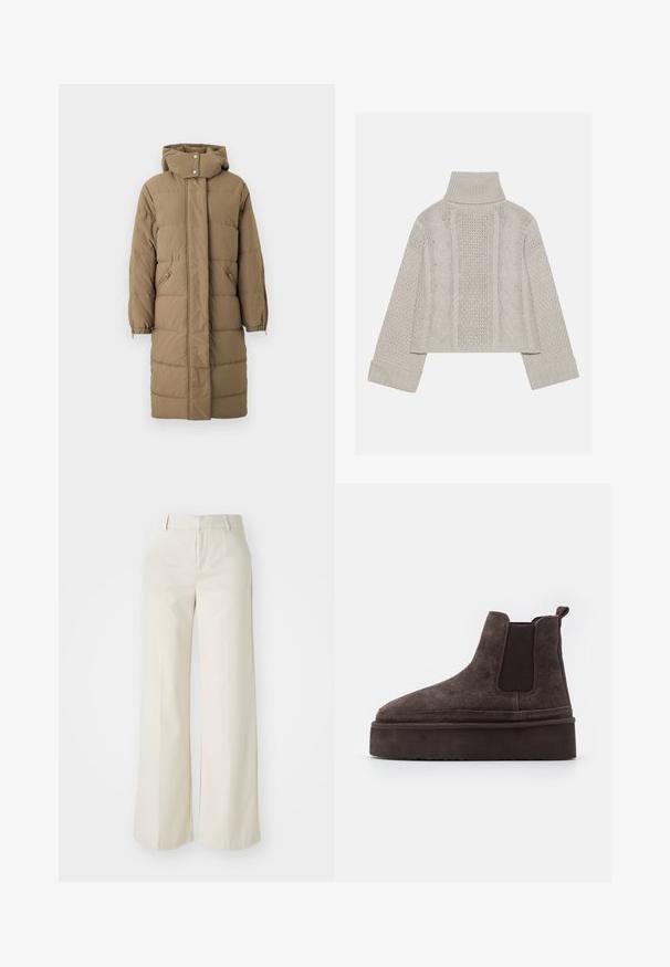 Khaki pufferjakke med hætte, frontlynlås og trykknaplukning, med to sidelommer og elastiske manchetter. Glat tekstur med quiltet mønster.; Afskåret, lysegrå striktrøje med højt krave og ribbede manchetter, prydet med teksturerede kabelmønstre ned ad ryggen og siderne.; Bredde ben-bukser i en lys beige farve, lavet af et glat stof. Har en klassisk talje og flad front med rene linjer.; Brune ruskinds Chelsea støvler med elastiske sidepaneler og en tyk, struktureret platåsål. Har en strop bagpå til nem påtagning.