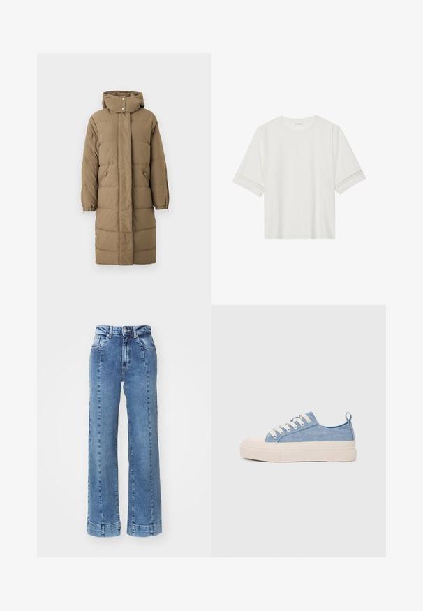 Khaki värvi puhvis mantel kapuutsiga, ees lukk ja nuppudega sulgemine, kahe küljetaskuga ning elastsete mansettidega. Sile tekstuur ja tikkimise muster.; Valge lühikese varrukaga T-särk, mis on valmistatud puuvillast, kaunistatud pitsiga varrukate ääres ja ümmarguse kaelusega.; Heledad sinine denim laiad püksid kõrge vöökoha ja ees olevate taskutega, millel on õmblusdetailid. Alläär on keeratud ja õmmeldud.; Heledad sinised kangast tennisekingad koorevärvi kummist varbakatte ja taldaga, millel on valged paelad ja tõmblukk kandadel.