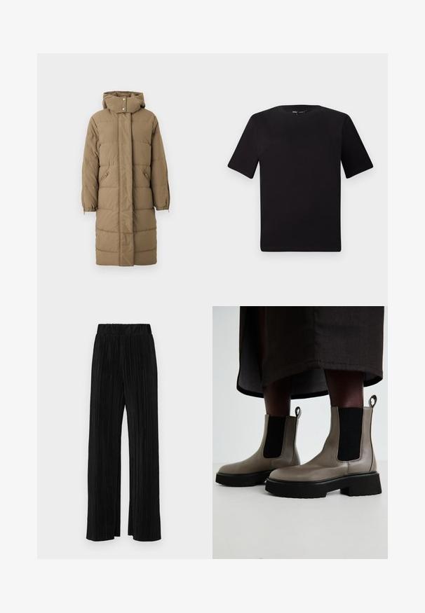 Abrigo de plumas color caqui con capucha, cierre frontal de cremallera y botón a presión, con dos bolsillos laterales y puños elásticos. Textura suave con un patrón acolchado.; Camiseta negra de manga corta con cuello redondo, fabricada en suave algodón. Diseño simple, sin logos ni patrones visibles.; Pantalones negros de pliegues con una cintura elástica. Presentan piernas anchas y una tela suave y texturada con rayas verticales.; Botines grises hechos de cuero texturizado con paneles laterales elásticos y una suela negra robusta. Cuenta con tiradores para facilitar su colocación.