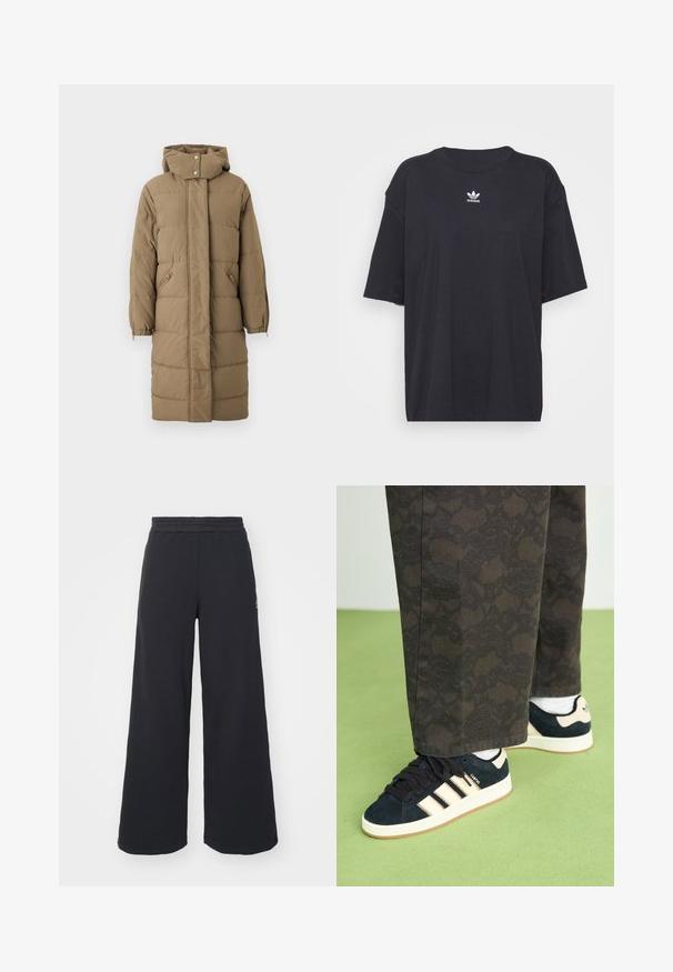Cappotto puffer khaki con cappuccio, zip frontale e chiusura a scatto, dotato di due tasche laterali e polsini elastici. Trama liscia con motivo trapuntato.; T-shirt in cotone nero con maniche corte, scollatura rotonda, presenta un logo bianco Adidas sul petto. Design semplice, vestibilità rilassata.; Pantaloni felpati neri a gamba larga realizzati in tessuto morbido, con un elastico in vita e un piccolo logo sul lato sinistro.; Pantaloni neri e a fantasia abbinati a sneaker in camoscio blu marina con strisce crema e suole bianche. Le superfici mostrate sono texturate e piatte.
