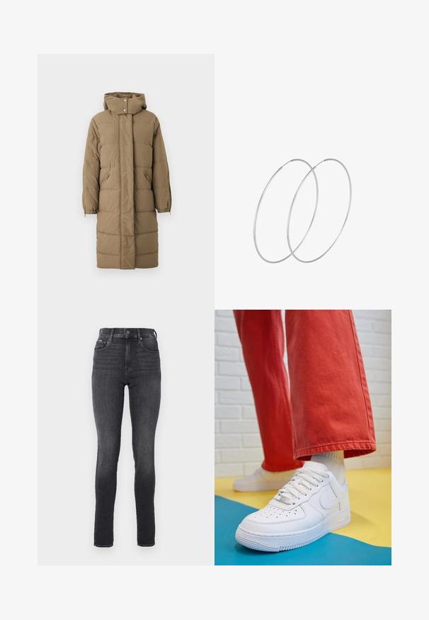 Khaki puffer coat with a hood, front zipper and snap closure, featuring two side pockets and elastic cuffs. Smooth texture with quilted pattern.; White long-sleeve turtleneck top made of smooth, stretchy fabric. Features a high collar and fitted design, with no visible patterns or embellishments.; High-waisted skinny jeans in dark gray denim, smooth texture, featuring front pockets and a metal button closure at the waistband.; White leather sneaker with perforated toe box, textured sole, and white laces, paired with wide red pants and a blue and yellow background.; Silver hoop earrings with a minimalist design. Circular shape, smooth texture, and thin profile. Lightweight with a polished finish.