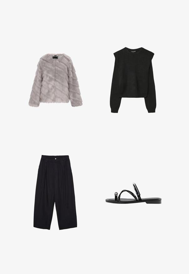 Giacca in finta pelliccia grigia con maniche lunghe, scollatura rotonda e chiusura frontale con zipper. Presenta una texture liscia e morbida e un motivo a strisce irregolari.; Maglione nero a maniche lunghe in maglia con spalle imbottite e polsini e orlo a coste, mostrato su uno sfondo bianco.; Pantaloni culotte neri in poliestere con una cintura elastica, due pieghe frontali e una silhouette ampia. Nessun motivo visibile o dettagli in metallo.; Infradito neri con una finitura lucida, tre sottili cinturini e un dettaglio hardware circolare sulla punta. Design elegante con un tacco minimale.
